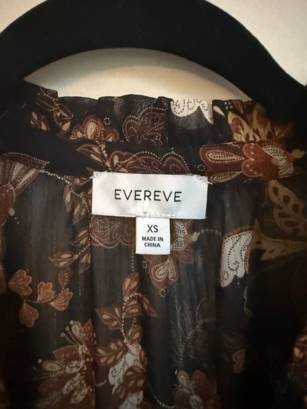 Evereve Black Floral Ruffle Neck Blouse with Brown & Cream Blooms - Picture 2 of 3